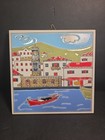 Pair Vintage Greek Hand Painted Ceramic Wall Tiles Coastal Harbor 6x6