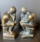 Vintage The Thinker Heavy Solid Brass Bookends 6 25    Statue Art Deco Library Mcm