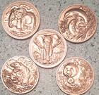 13 Animal Coins - 1 Troy Oz  Bu Copper Rounds -  999 Fine Bullion 3d High-relief