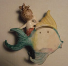 Vintage Ceramic Pink Tail Mermaid Fish Wall Plaque Holder Jeweled Fish Eye