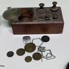 Vintage Brass Scale Weight Set Wooden Apothecary Lab With Clamps