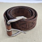 Vtg Tooled Leather Belt 34 Aztec Celestial Patina Southwest Western Distressed