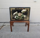 Vintage Asian Chinoiserie Ornate Black Lacquer Chest Cabinet Table Wood Legs K35