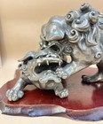 Important Japanese Meiji  980 Solid Silver Okimono - Fighting Shishi  Signed