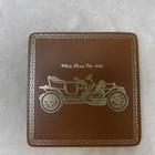 Vtg Set  6 Brown Leather Drink Coasters Antique Cars In Gold Printing Free Ship