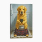 Golden Retriever On The Phone On The Toilet Funny Bathroom Canvas Print Wall Art