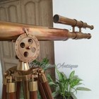 39 antique Brass Double Barrel Maritime Telescope Brown Wooden Tripod Stand Gift