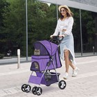 4 Wheel Dog Stroller Pet Stroller Travel Carriage W foldable Carrier Cart Purple