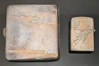 Vintage Japanese 950 Silver Cigarette Case   Lighter Boxed Set - Mt Fuji Pagoda