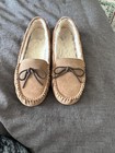 Womens Tan Suede Moccasin Slippers With Faux Fur Lining   Bow Accent