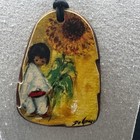 Vintage Degrazia Signed Enamel Copper Pendant Necklace Sunflower Child Art