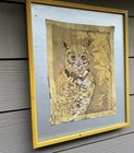 Vintage Mid Century Modern Yellow Framed Owl Batik Painting Original Art