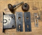 Antique Door Set Victorian   Eastlake Backplate Knob Mortise Lock Brown Knobs