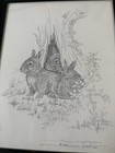 Bill Neal 1975 Original Pen   Ink Drawing     Rabbits By Tree     Signed Vintage A  