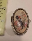 Vintage Oval Bird Floral Trinket Pill Box Silver Tone Hinged Keepsake Case