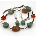 Retired Silpada Sterling Turquoise   Amber Necklace  no Pendant    Earrings Set