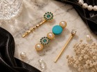 Gold Hair Pin Set Turquoise Crystal Pearl Bobby Pins 3pc Bridal Hair Clip Set