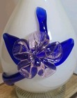 Art Glass Vase White Hand Blown Applied Cobalt Blue Pink Flower Ruffled Vintage