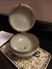Antique Green Opaline Glass Powder trinket Jar W  Hinged Collar Fired On Accents