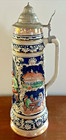 Vintage German 5l 20  Tall Pewter Lidded Ceramic Beer Stein Multiple Scenes