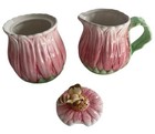 Bombay Company Creamer And Sugar Bowl  lid Set Pink Gerber Daisy Bee 1994 Vtg