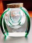 Stunning Vtg Art Deco Crystal Glass Inkwell W Green  Hand Blown Sterling Lid 3 