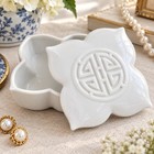 Vintage White Porcelain Quatrefoil Trinket Box Chinese Shou Longevity Symbol