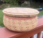 Vintage Mid-century Hand-woven Coiled Sewing Basket 9  Lidded Round 