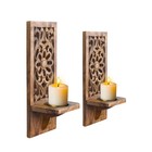 Wooden Wall Floral Carved Candle Sconces  16 Inch     Burnt