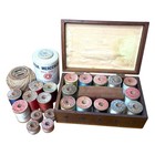 Antique Wooden Sewing Thread Box W  Vintage Wood Spools Star Silkenuf Lot