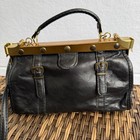 Vintage Italian Leather Doctor Bag Black Gladstone Frame Purse Crossbody