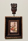 Antique French Botanical Colored Illustration Carved Wooden Frame Ornate Hanger