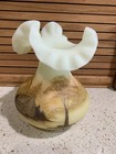Fenton Hand Painted Custard Glass Ruffled Vase  7    - Log Cabin - Uranium Glows  