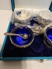 Vintage Raimond Silver Plate Cobalt Glass Salt Bowl Cellars W  Spoons And Case