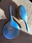Antique 5 Piece English Sterling Silver Enamel Vanity Dresser Set Aqua 