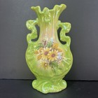 Vtg Green Iridescent Chartreuse Art Pottery Vase Ruffled Daisy Floral 9    Mcm