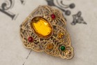Vintage Czech Filigree Brooch Amber Glass Art Deco Estate Jewelry