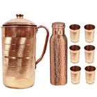 Pure Copper Handmade Designer Drinking Water Jug Pitcher With Glass Bottle