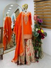 New Launching Chinon Silk Orange Kurta Palazzo With Dupatta For Reception
