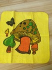 Vintage 70s Cannon Merry Mushroom Hand Towel   Dish Cloth Yellow Fringe Retro