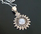 Vintage Sterling Silver 925 Natural Rainbow Moonstone Unique Pendant Necklace