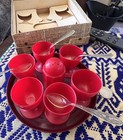 Antique vintage Rare Bakelite Art Deco Egg Cup   Tray Spoon Set Red 1940s