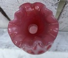 Vintage Pink   White Coin Dot Glass Vase Ruffled Rim Glossy Finish 7 In Tall