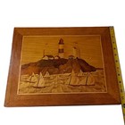 Vintage Marquetry Inlaid Wood Lighthouse Picture Plaque Coastal Exotic Sailboats
