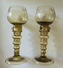 Pair Antique Fritz Heckert Bohemian Amber Glass Roemer Wine Goblets Etched Vines