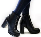 New Women Black Lace Up Chunky Heel Combat Boots Ankle Booties