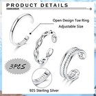 Florideco 3pcs S925 Sterling Silver Toe Rings For Women Adjustable