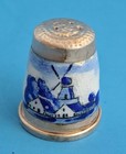 Vintage Antique 935 Sterling Silver Thimble Enamel Delft Dutch Scene Windmill 