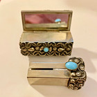 Vintage Silver Lipstick Case W mirror  4 Turquoise Cabochons  Rare  Unique Gift 