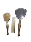 Vanity Gold Lace Dresser Set Hand Mirror Brush Comb Floral 70s Vintage 3 Pcs